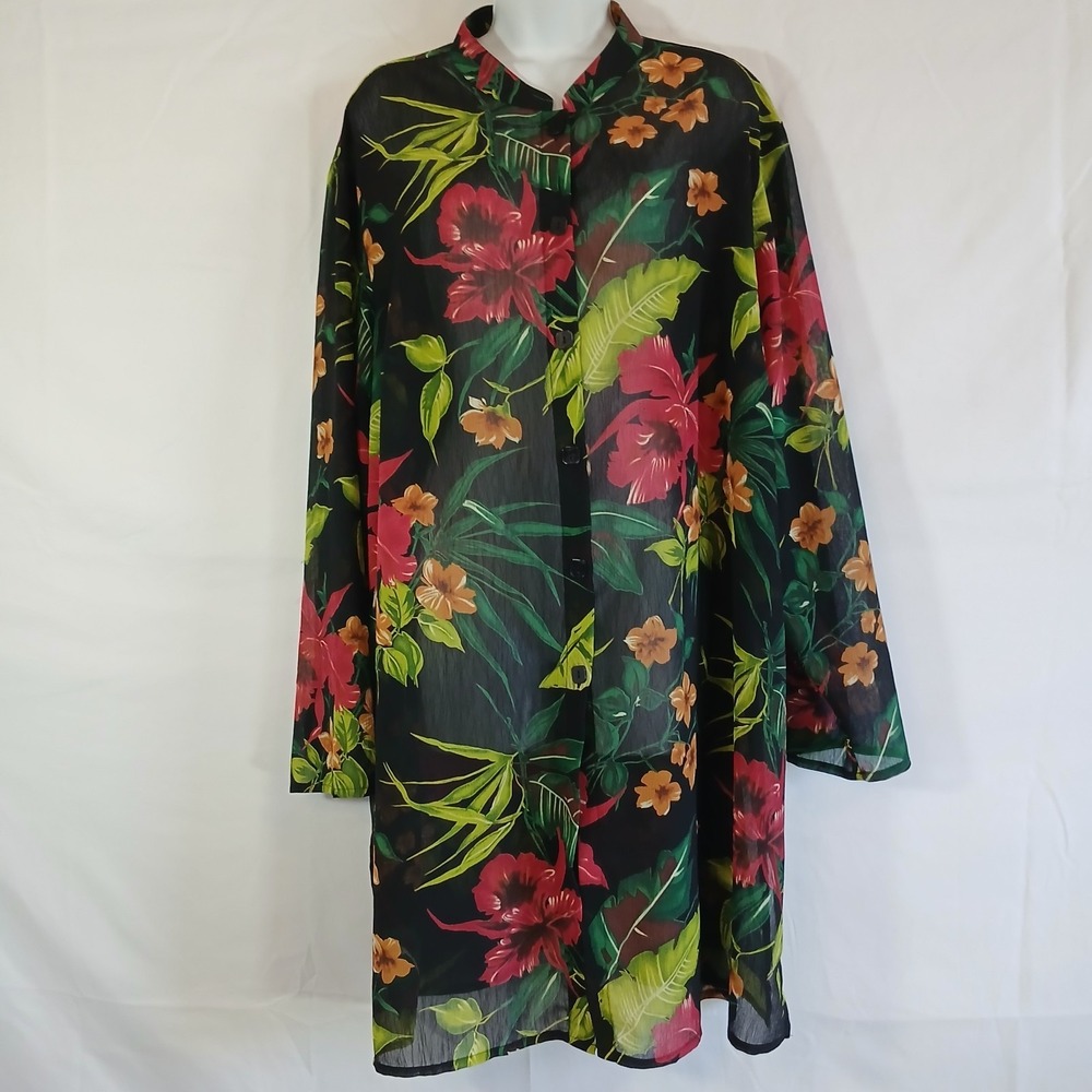 Susan Graver top black sheer red floral print longline sz 2X casual office wear
